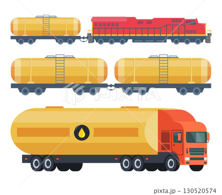 Tanker truck, Tank train wagon for transportation liquid gas, petroleum, oil. Oil transportation concept. Side view gasoline tanker railroad. Vector 130520574