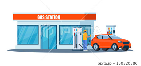 Facade of building of petrol, gas or filling station isolated on white background. Facility selling fuel or gasoline equipped with petroleum pumps. Colorful vector illustration in flat style. Facade of building of petrol, gas or filling station isolated on white background. Facility selling fuel or gasoline equipped with petroleum pumps. Colorful vector illustration in flat style. 130520580