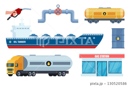 Oil refining industry icon set. Oil refinery plant, oil barrels, pipeline, tanker truck and ship, gas station. Vector collection 130520586