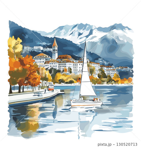 Lake Geneva. Lake Geneva watercolor vector illustration 130520713