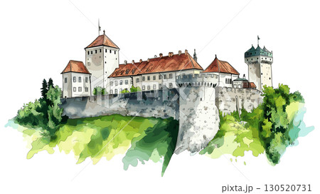 Ljubljana Castle. Ljubljana Castle watercolor vector illustration 130520731