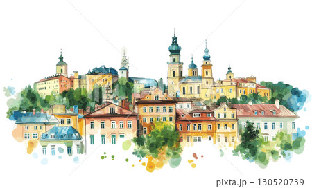 Lviv Old Town. Lviv Old Town watercolor vector illustration 130520739
