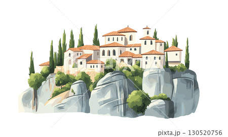 Meteora Monasteries. Meteora Monasteries watercolor vector illustration 130520756