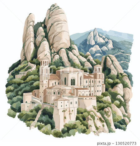 Montserrat Monastery. Montserrat Monastery watercolor vector illustration 130520773