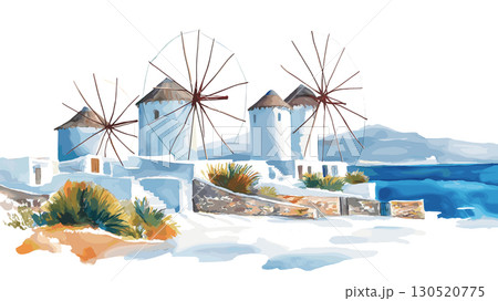 Mykonos Windmills. Mykonos Windmills watercolor vector illustration 130520775
