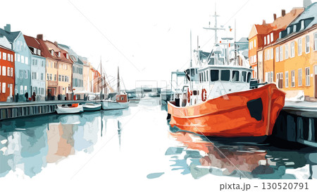 Nyhavn. Nyhavn watercolor vector illustration 130520791