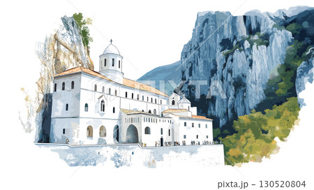 Ostrog Monastery. Ostrog Monastery watercolor vector illustration Ostrog Monastery. Ostrog Monastery watercolor vector illustration 130520804