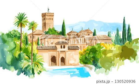 Alhambra. Alhambra watercolor vector illustration 130520936
