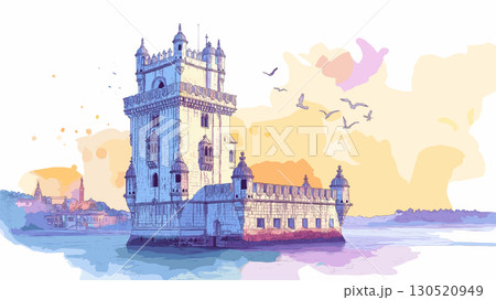 Belem Tower. Belem Tower watercolor vector illustration Belem Tower. Belem Tower watercolor vector illustration 130520949
