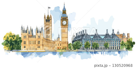 Big Ben and Houses of Parliament. Big Ben and Houses of Parliament watercolor vector illustration 130520968