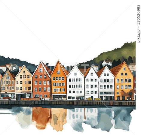 Bryggen Wharf. Bryggen Wharf watercolor vector illustration 130520998