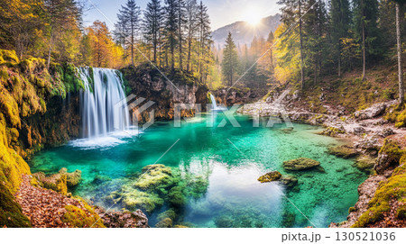 Autumn landscape of waterfall in the Dolomites Italy scenic nature view 130521036