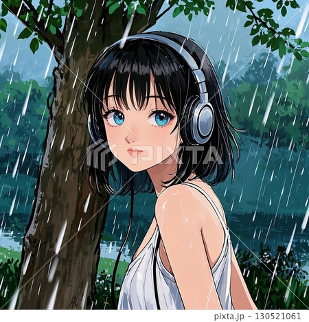 雨の中でヘッドフォンで音楽を聴くブルーの瞳の女性 130521061