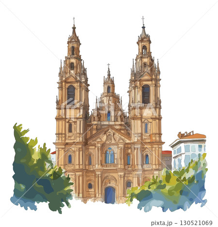 Cathedral of Santiago de Compostela. Cathedral of Santiago de Compostela watercolor vector illustration 130521069