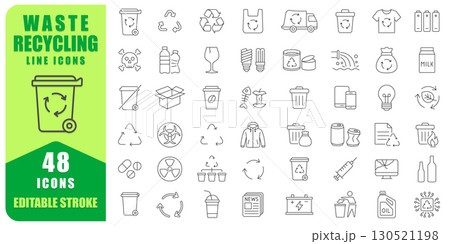 Waste Recycling Line Icon Set With 48 Editable Stroke Designs. Thin Line Collection Includes Trash, Recycling Bins, Glass, Plastic, Metal, Paper, Batteries. Vector Illustration. Isolated On white back 130521198