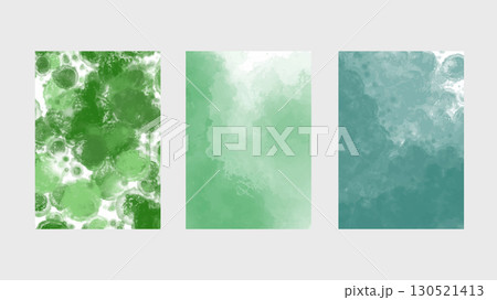 Collection of green watercolor backgrounds featuring natural tones and fluid brushwork. Perfect for eco-themed designs, stationery. vector. 130521413