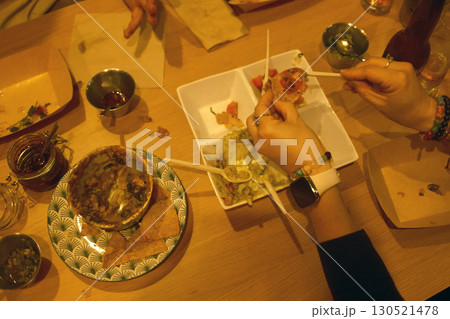 mexican food with tacos guacamole and nachos 130521478