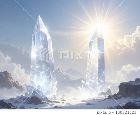 雪原に立つ2本の巨大なクリスタル 130521523