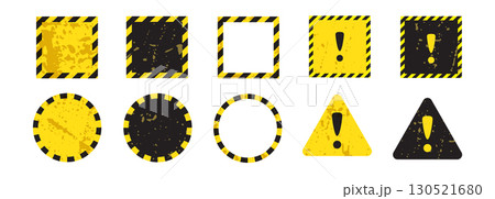 Yellow black caution sign. Warning round and square banner, attention sign Yellow black caution sign. Warning round and square banner, attention sign 130521680