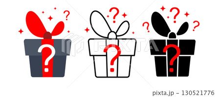 Mystery gift box icon set. Surprise present giftbox outline with question mark, quest gift box Mystery gift box icon set. Surprise present giftbox outline with question mark, quest gift box 130521776