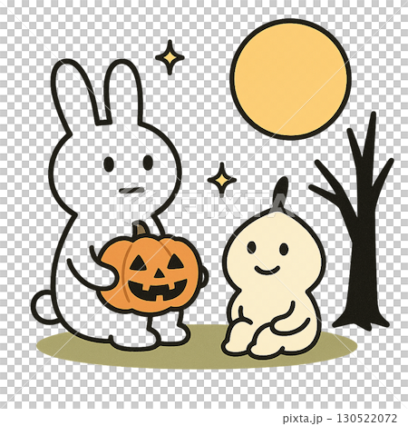 ハロウィンの夜にかぼちゃランタンを持つうさぎと涙型キャラクター(背景透過PNG) ハロウィンの夜にかぼちゃランタンを持つうさぎと涙型キャラクター(背景透過PNG) 130522072