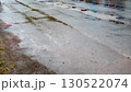 Wet pavement reflecting colors after rain, with blurred details emphasizing the rainy atmosphere 130522074