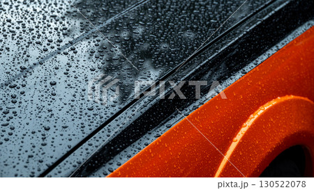 Rain droplets on a sleek orange car detail creating an abstract blurred effect 130522078