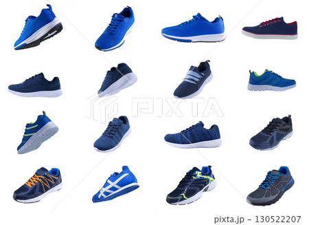 Collage of blue sneakers A lot of sports shoes. 130522207