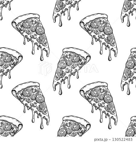 Seamless black and white pizza pattern for coloring or packaging use 130522483