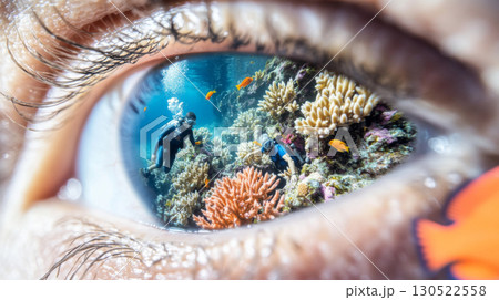 Closeup human eye reflects vibrant underwater world with corals and divers 130522558