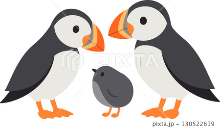 Cute cartoon puffin family with baby chick 130522619