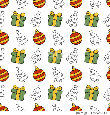 Seamless vector Christmas pattern with gift box, bauble ornament and Christmas tree outline. Perfect for holiday wrapping paper, greeting cards, wallpaper and seasonal decoration. Seamless vector Christmas pattern with gift box, bauble ornament and Christmas tree outline. Perfect for holiday wrapping paper, greeting cards, wallpaper and seasonal decoration. 130523214