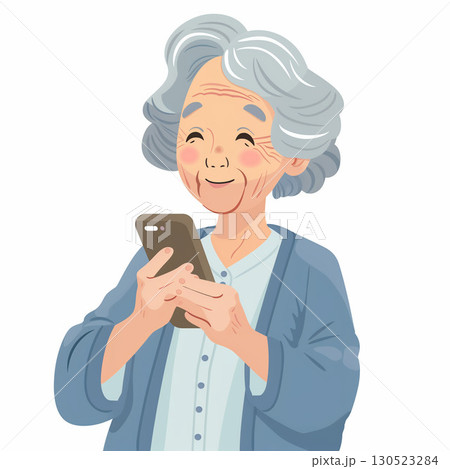 スマホを見ながら笑顔を見せる高齢女性のイラスト 130523284