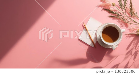 Pink desk with tea, notepad, and sun. 130523306