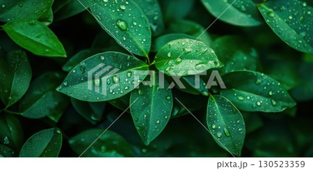 Dewy Green Leaves Closeup. Dewy Green Leaves Closeup. 130523359