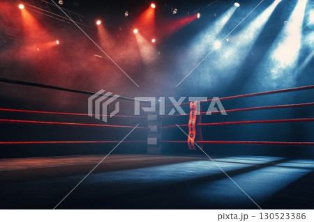 Empty boxing ring with stage lights. 130523386