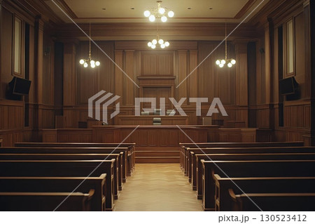 Empty wooden courtroom with justice hall. Empty wooden courtroom with justice hall. 130523412