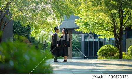 Graduates embrace with campus sunshine. 130523576