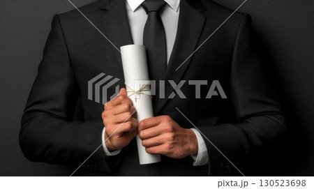 Man in suit holding diploma. 130523698