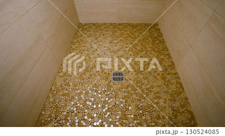 Wooden bucket with metal basin and ladle in sauna 130524085