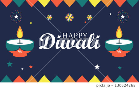 Elegant Happy Diwali Graphic with Diyas, Swastika Symbol, and Festive Lights 130524268