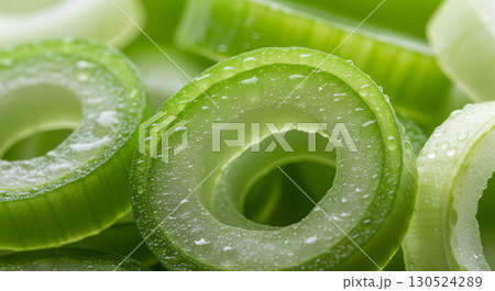 Macro of Freshly Cut Green Onion Rings 130524289