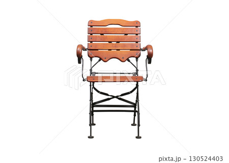 A beautiful wooden chair with a metal base. 130524403