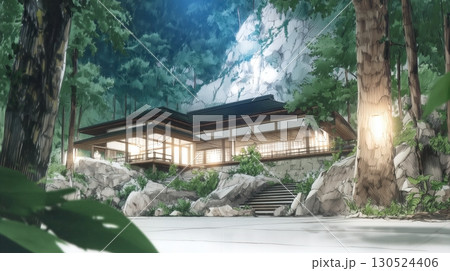 illustration of Traditional Japanese house nestled in a serene forest, illuminated by soft warm light at night. 130524406