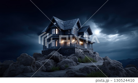 Mysterious old house on a rocky hill under a dark, moonlit sky 130524410