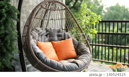 A cozy hanging patio chair with plush gray cushions and bright orange pillows is set against a green outdoor backdrop 130524525