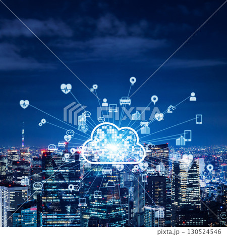 現代都市とクラウドコンピューティングのバナー・広告向け正方形ビジュアル 130524546