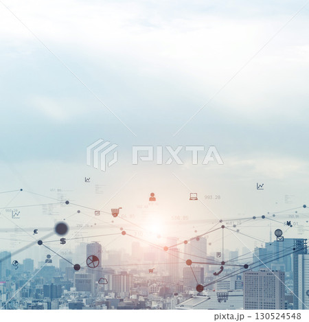 現代都市とデジタルテクノロジーのバナー・広告向け正方形ビジュアル 130524548