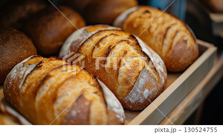 Golden-crusted loaves of freshly baked artisanal bread sit in a wooden tray, ready for sale or serving 130524755