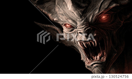 A terrifying demonic creature with glowing red eyes and sharp fangs emerges from darkness 130524756
